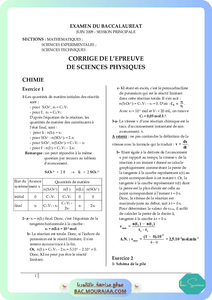 Corrigé principale physique Bac 2009 – Section science